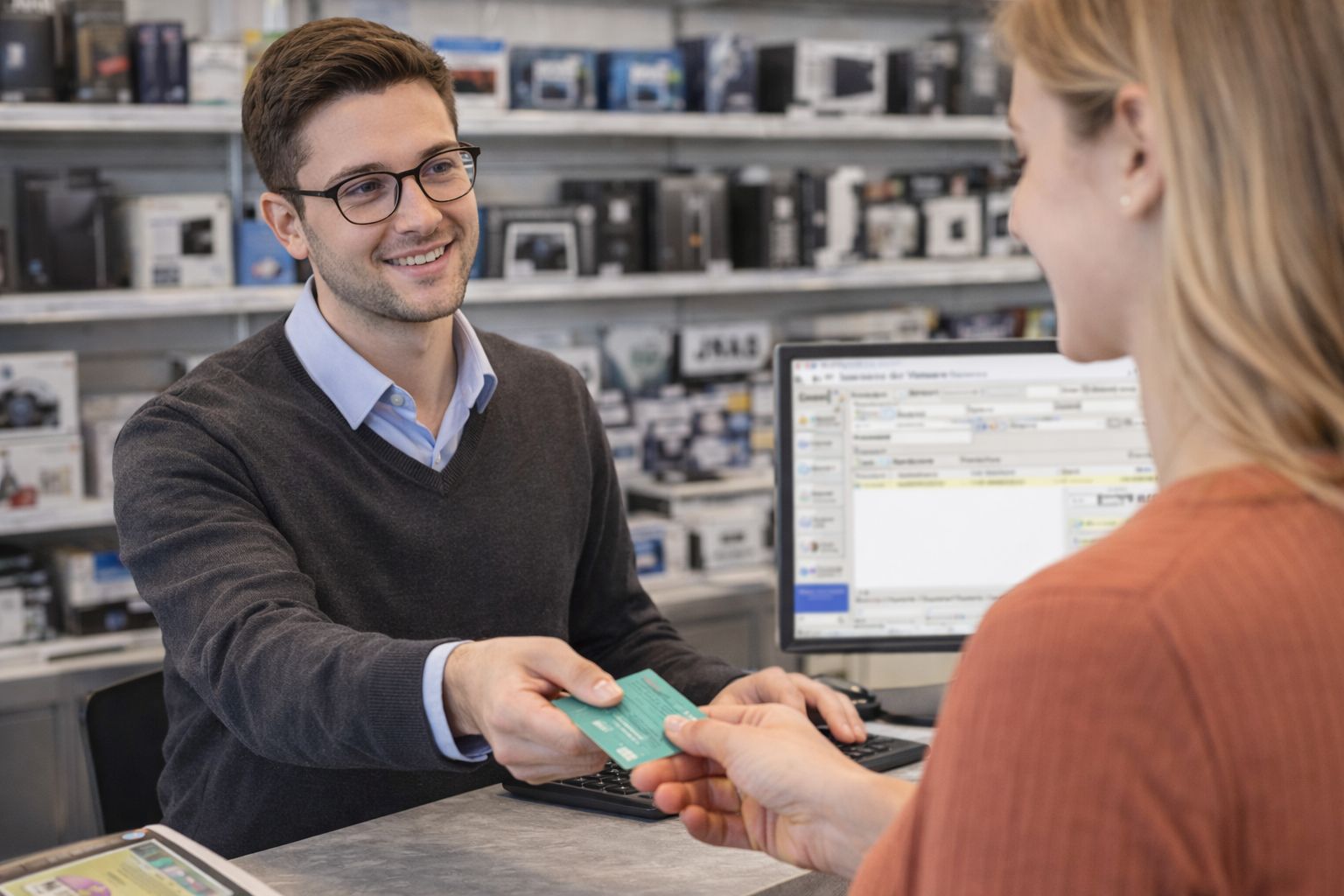 Vendedor atendiendo en casa de computación