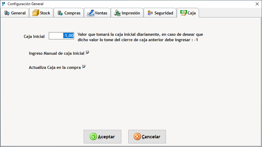 Configuración Datos Generales Solapa Caja