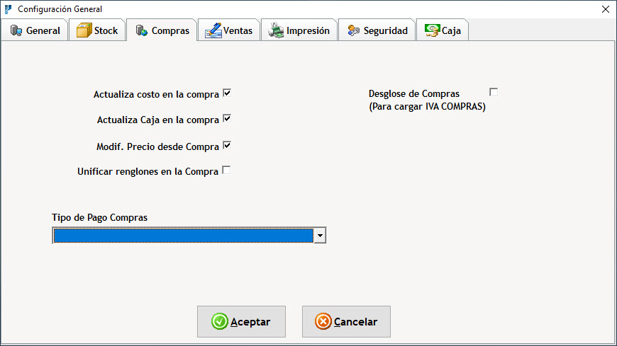Configuración Datos Generales Solapa Compras