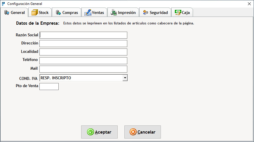 Configuración Datos Generales Solapa General