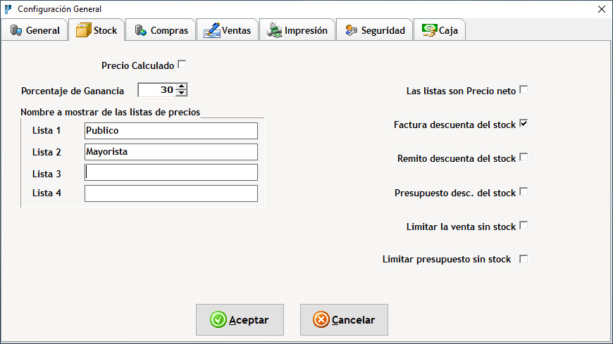 Configuración Datos Generales Solapa Stock