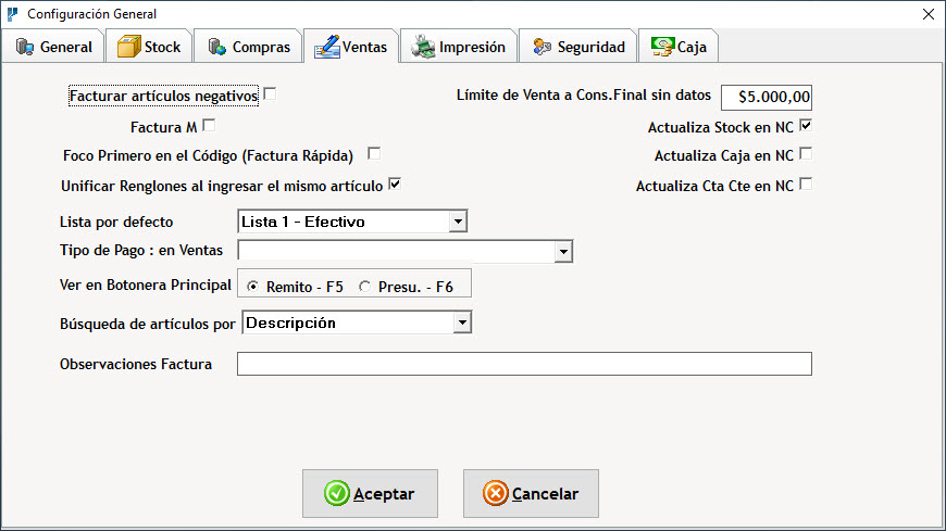 Configuración Datos Generales Solapa Ventas