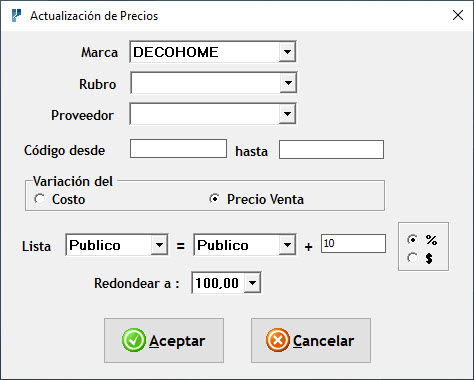 Pantalla de Actualización de Precios de Plus 7