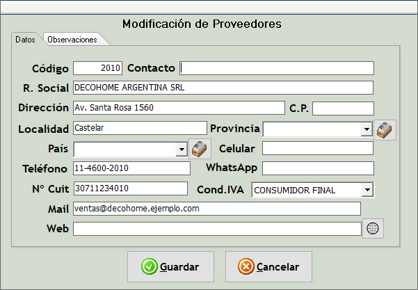 Ficha de Proveedores Solapa 1