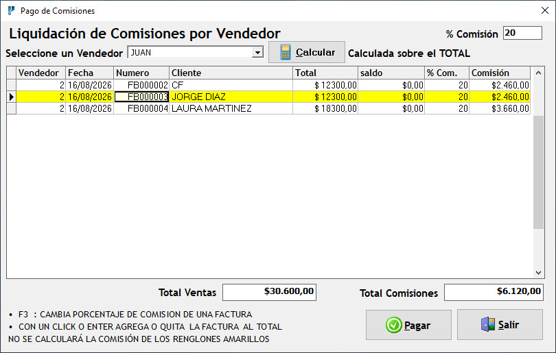 Pantalla de Comisiones de Plus 7