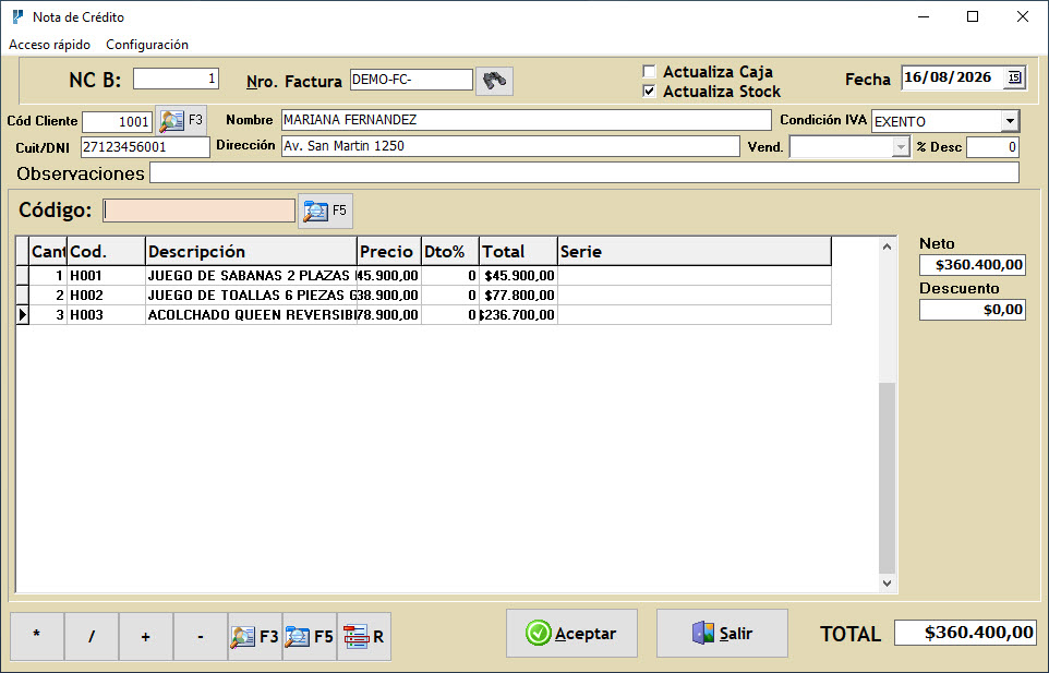 Pantalla de Nota de Crédito 1 de Plus 7