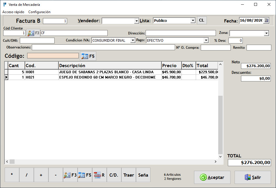 Pantalla de Ventas de Plus 7