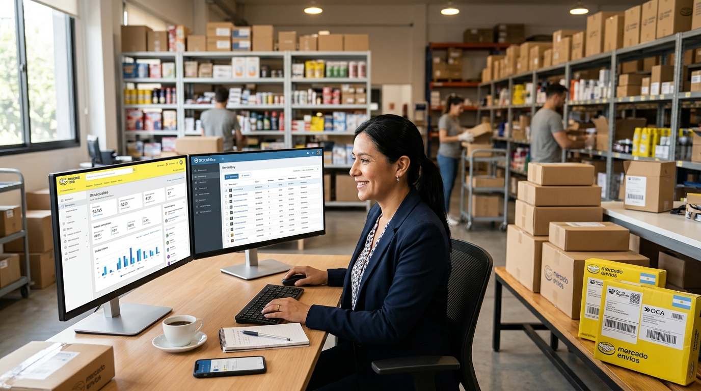 Vendedor de Mercado Libre gestionando pedidos y envíos con Plus Web