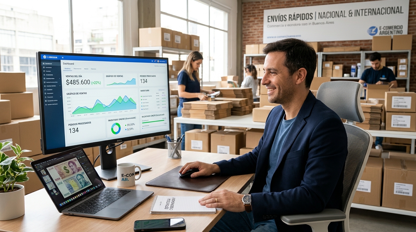Administrador de e-commerce gestionando tienda WooCommerce conectada con Plus Web
